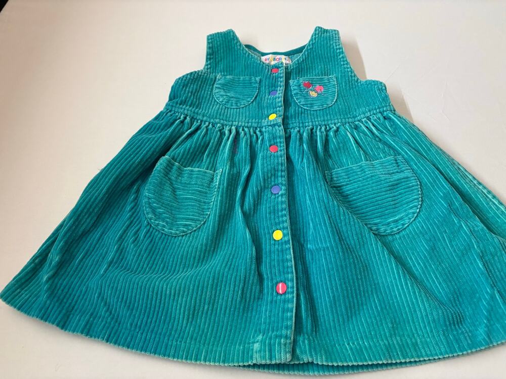 Vintage Gymboree Teal Corduroy Jumper Dress Rainbow Snap Medium Kidcore